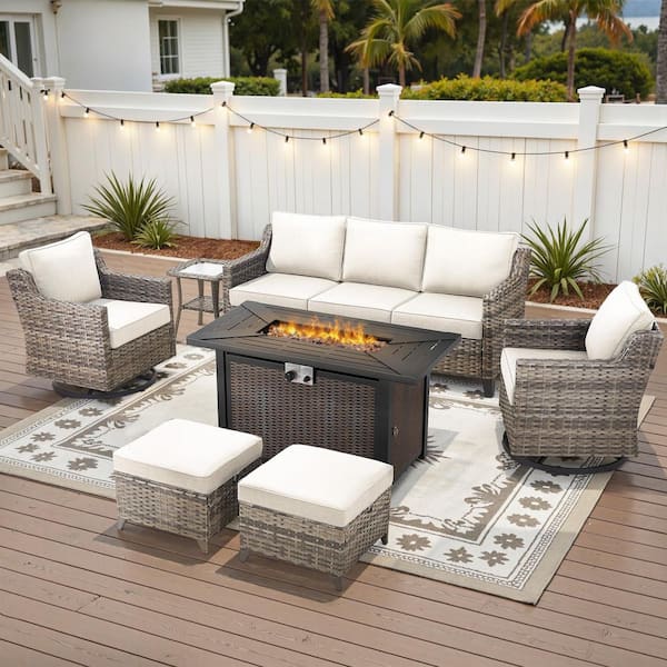 Rattan Wicker 7 Seat 7-Piece Steel Outdoor Fire Pit Patio Set with Beige Cushions, Steel Rectangular Fireplace Table