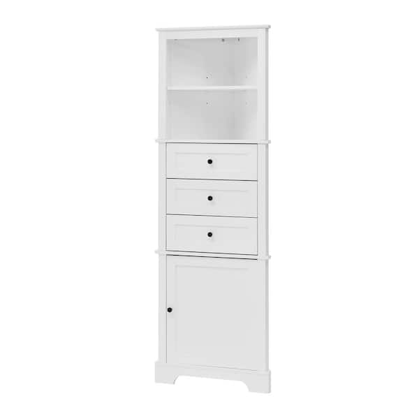 FUNKOL 13 in. W x 23 in. D x 68.3 in. H White Triangle Tall Storage Linen Cabinet with Drawers and Doors for Bathroom