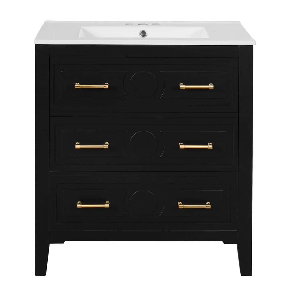 30 in. Freestanding Black Bath Vanity with White Ceramic Top 3 Drawers price history on PriceWatchPro