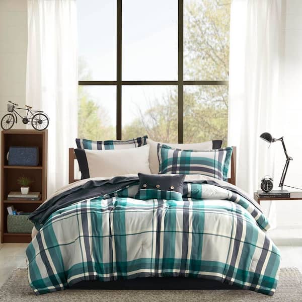 9 PCS Full Teal/Black Classic Plaid Design 100% Polyester Comforter Set with Bed Sheets