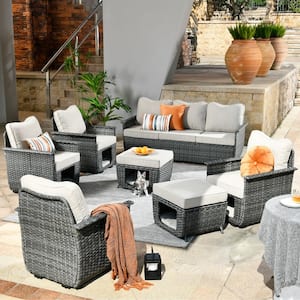 Sierra Black 7-Piece Wicker Multi-Functional Pet Friendly Outdoor Patio Conversation Sofa Set with Beige Cushions