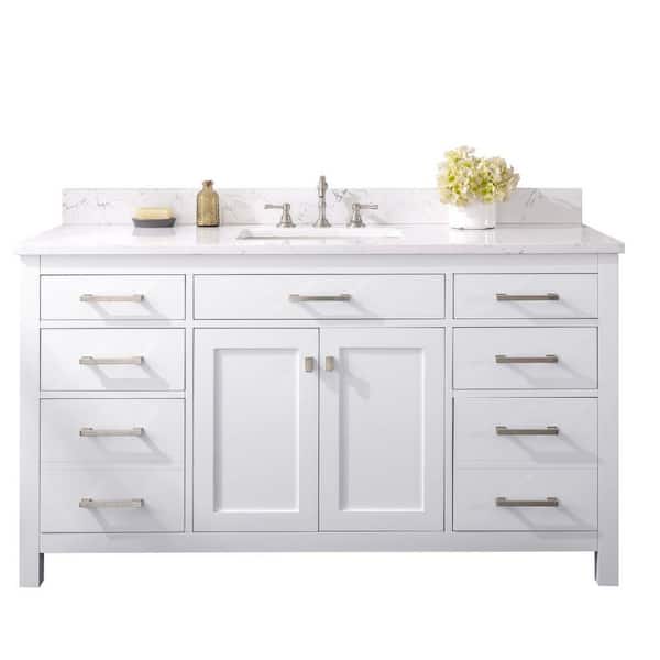 Jasper 60 in. W x 22 in. D Bath Vanity in White with Engineered Stone Vanity Top in Carrara White with White Sink