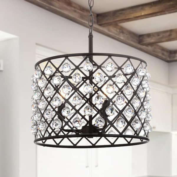JONATHAN Y Gabrielle 16 in. 3-Light Oil Rubbed Bronze Crystal/Metal LED Pendant