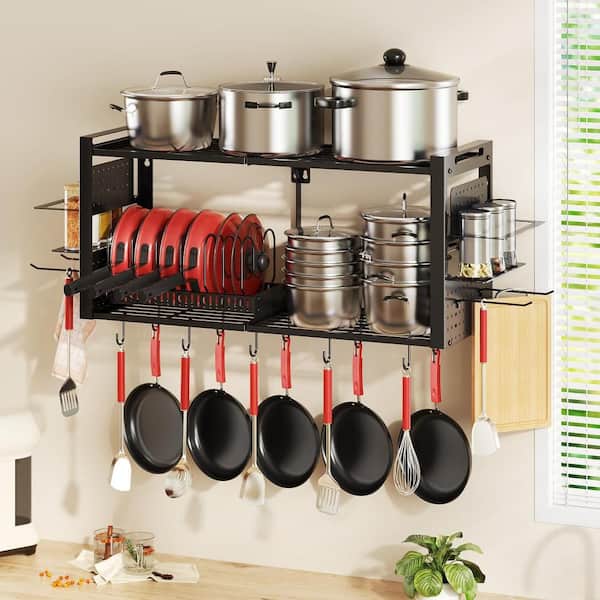2-Tier 31 in. Wall Mounted Pot Rack with Racks, Pot Lid Organizer Holder and 20 Hooks, Heavy Duty Hanging Pot Hanger