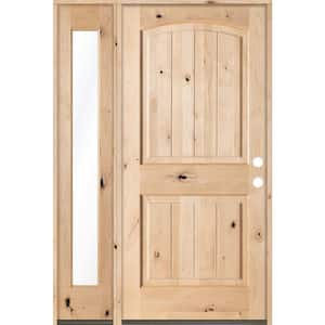 44 in. x 80 in. Rustic Unfinished Knotty Alder Arch Top VG Left-Hand Left Full Sidelite Clear Glass Prehung Front Door