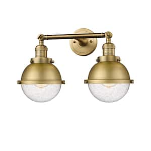 Hampden 17.88 in. 2-Light Brushed Brass Vanity Light with Seedy Glass Shade