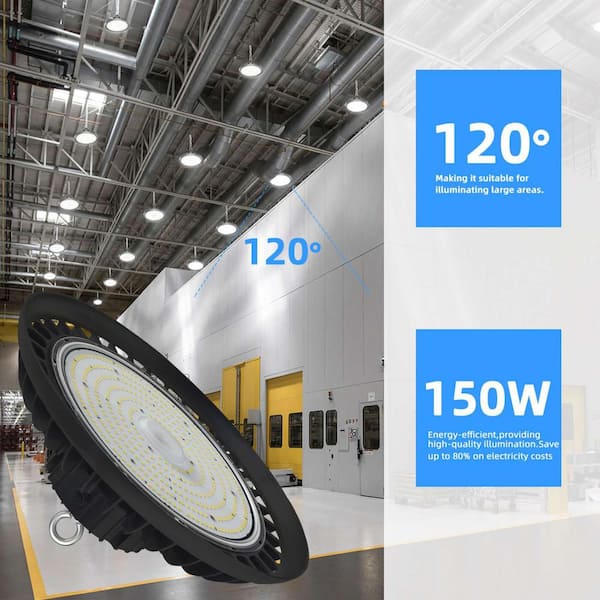 Honbei 11 in. 450-Watt Equivalent Integrated LED Dimmable Black High Bay Light, 5000K UFO High Bay LED Lights for Workshop