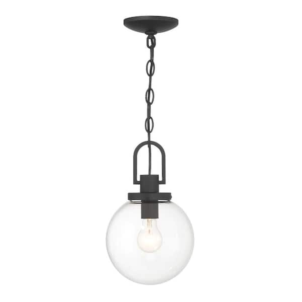 the great outdoors by Minka Lavery Wenston 12.875 in. 1-Light Sand Black Dimmable Indoor/Outdoor Pendant Light with Clear Glass Shade and No Bulb Included