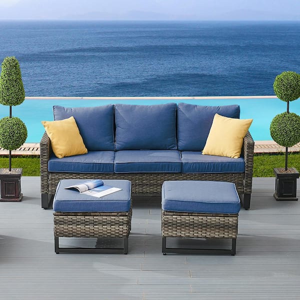 Pocassy Gray 3-Piece U-shaped Foot Design Wicker Patio Sectional Set with Blue Cushions