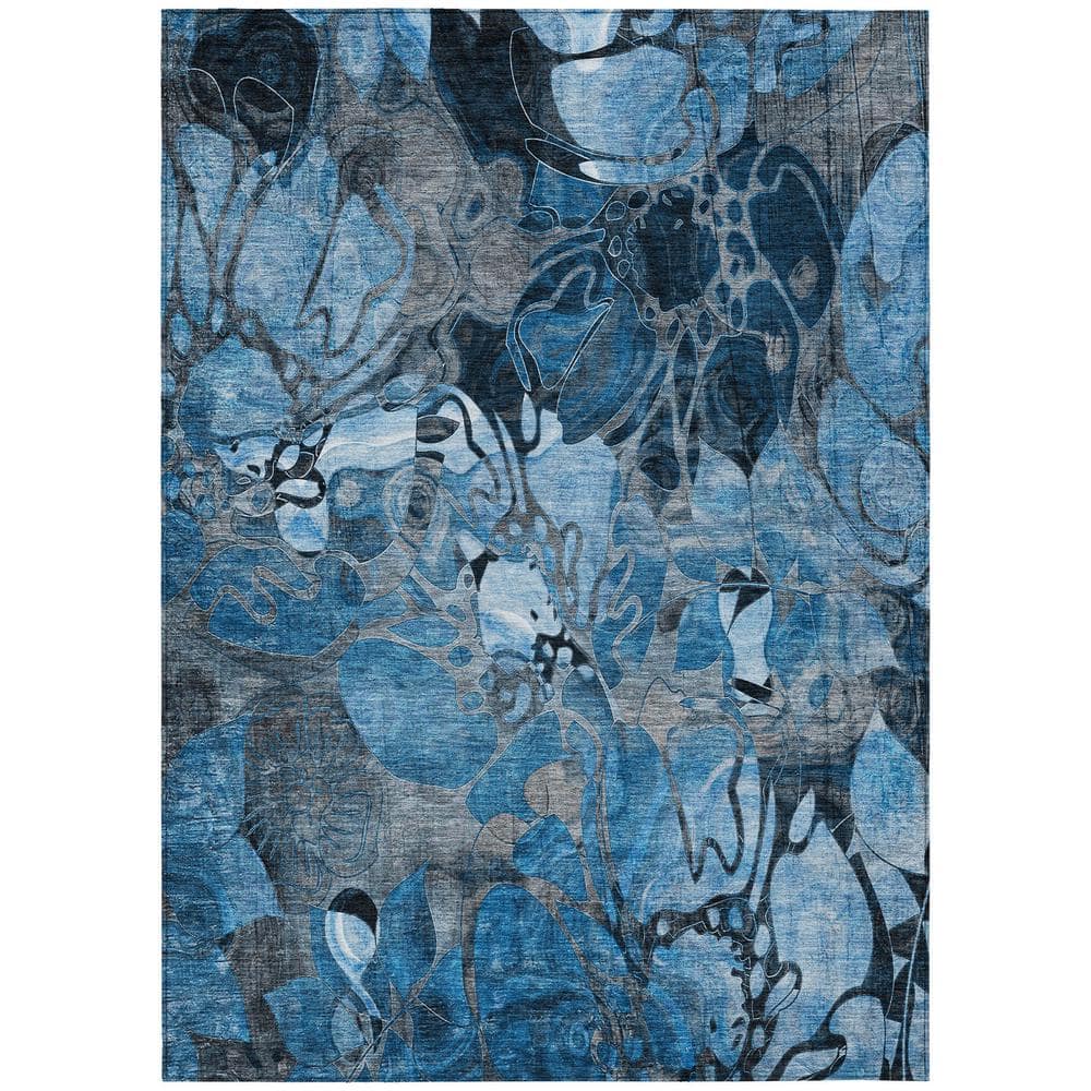 Blue Floral Synthetic 9' x 12' Washable Area Rug