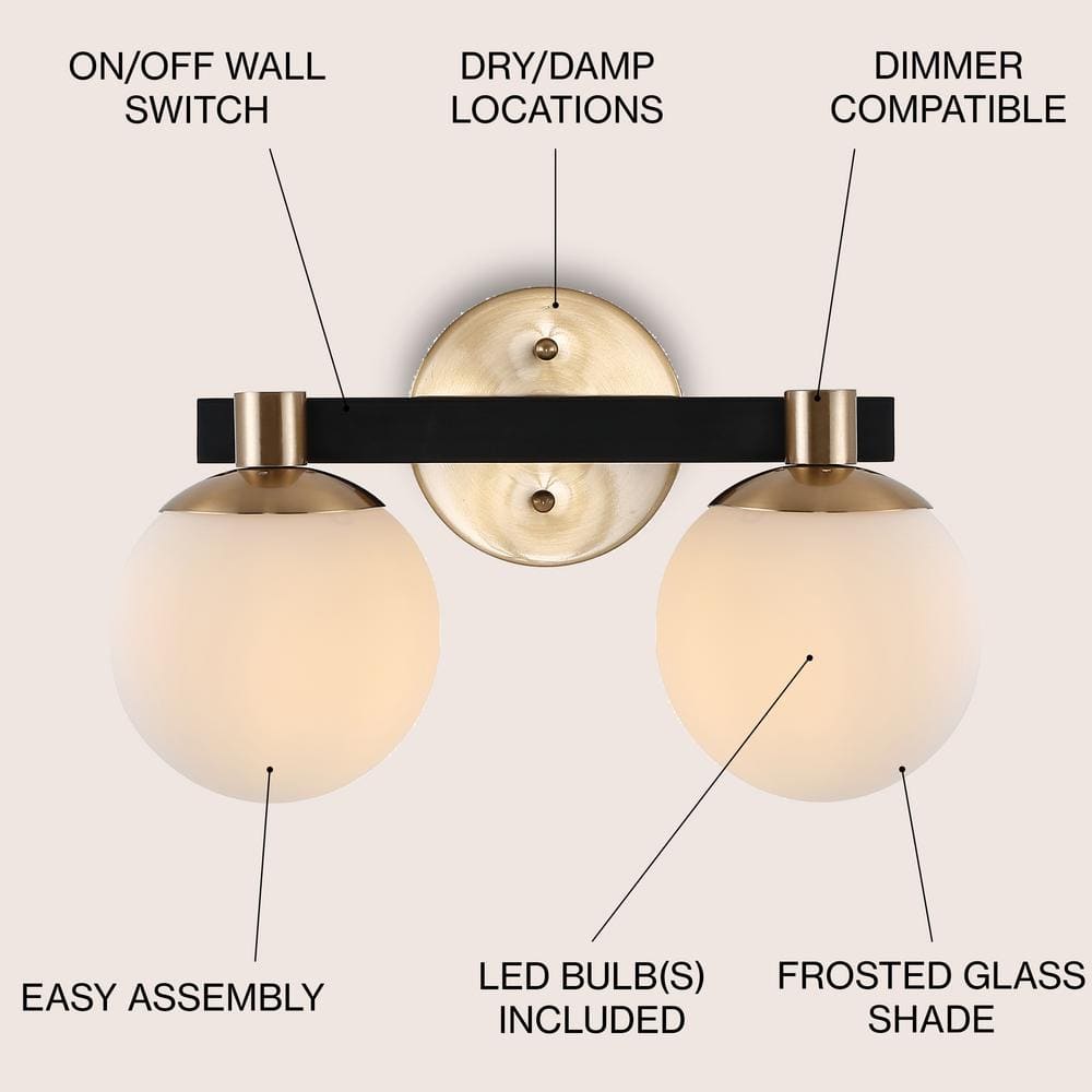 Modernist Globe 15.25" Brass Gold & Black 2-Light LED Vanity