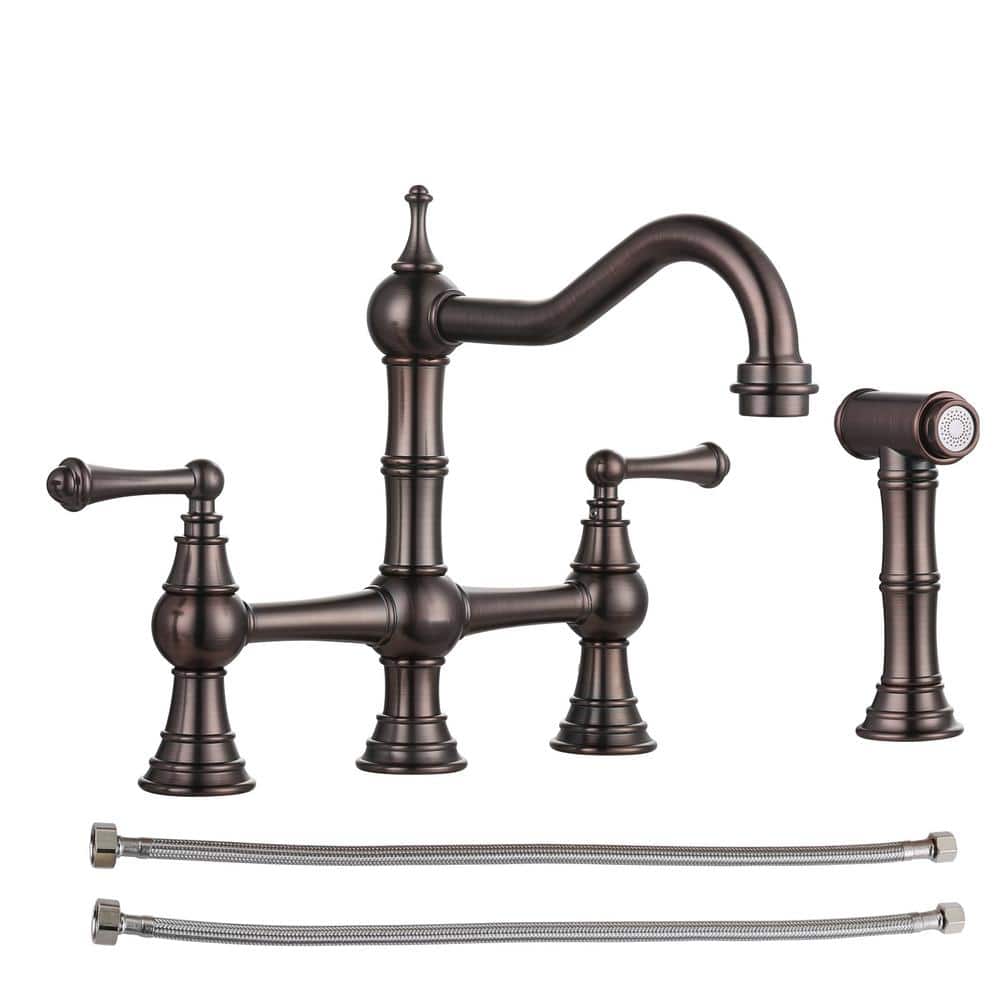 AVITAS Antique Design Double Handle Bridge Kitchen Faucet with Side Sprayer in Antique Bronze ...