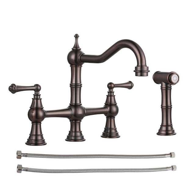 AVITAS Antique Design Double Handle Bridge Kitchen Faucet with Side Sprayer in Antique Bronze