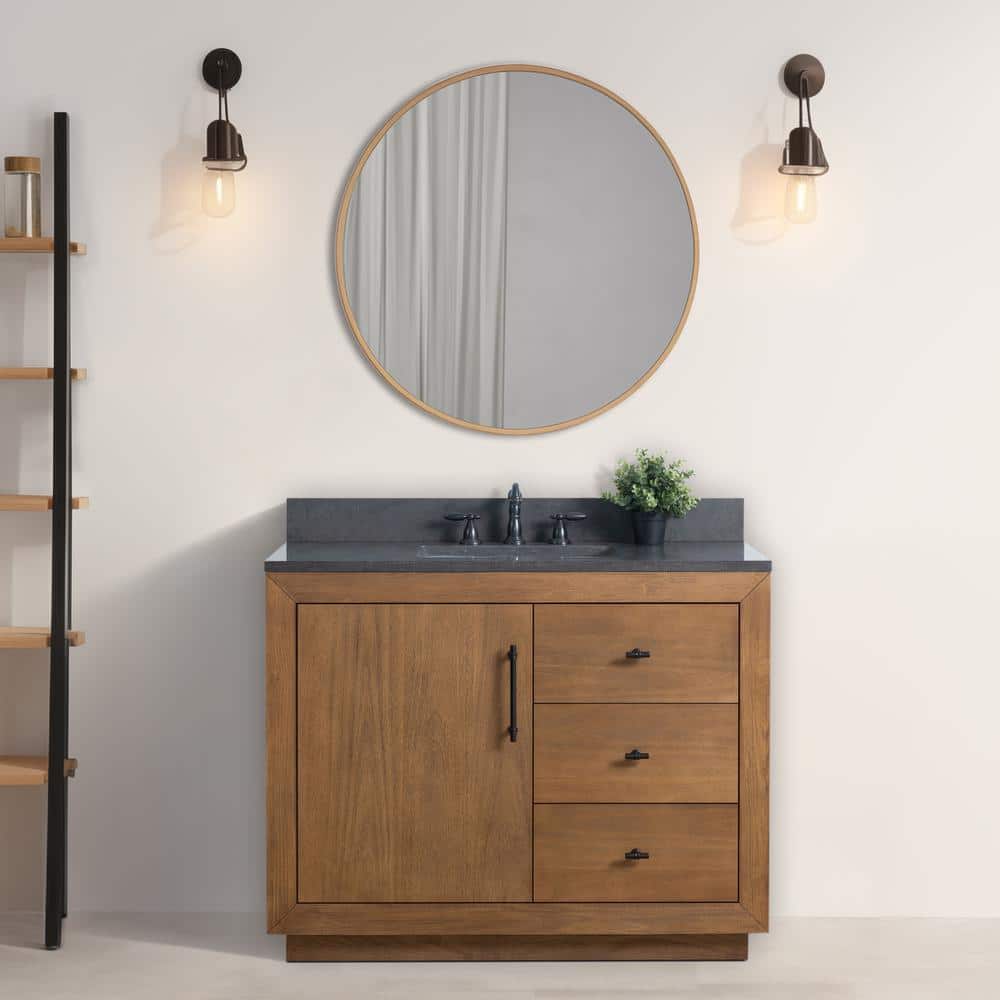 Tan 42" Single Bathroom Vanity with Black Limestone Top