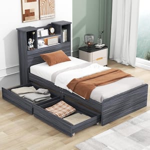 Gray Wood Frame Twin Size Platform Bed with Storage Headboard, 4 Open Shelves, 2-Drawer, LED Light