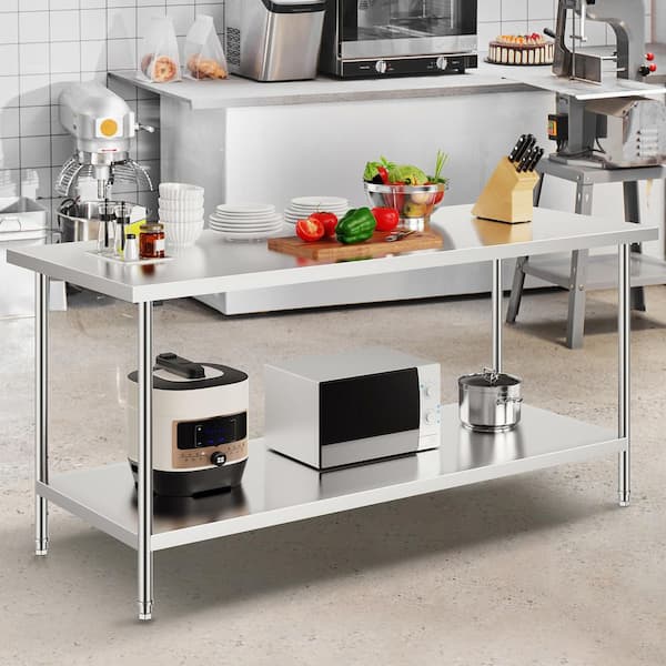Stainless Steel Prep Table, 920 lbs. Load Capacity, 30 x 72 x 34 In, Heavy Duty Metal Worktable with 3 Adjustable Silver