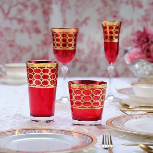 Lorren Home Trends Deep Red Colored Champagne Flutes with Gold Rings, Set of 4