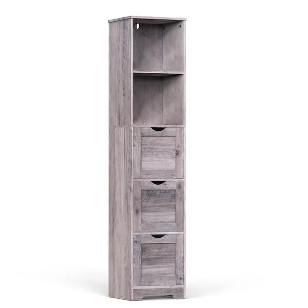Tileon 12 in. D x 13 in. W x 58 in. H Gray Wood Linen Cabinet, Floor Cabinet with 3-Drawers and 2-Shelves for Small Space