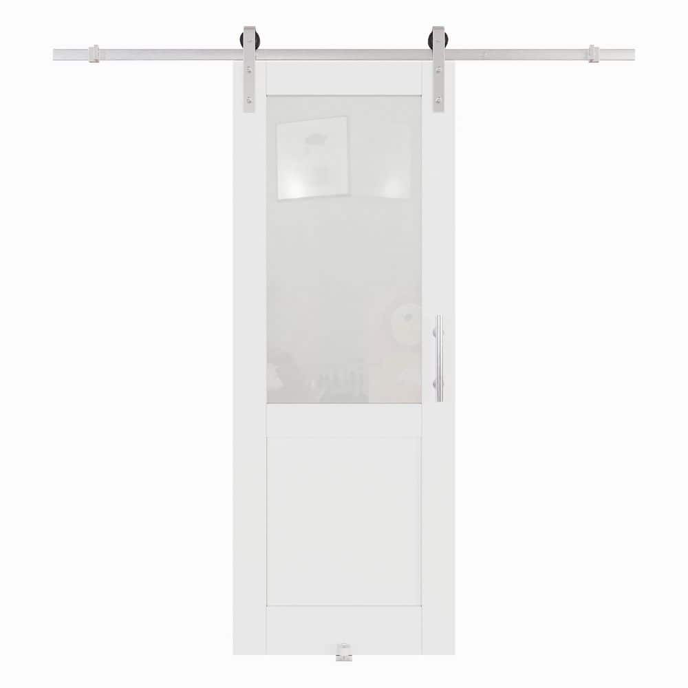 30 in. x 80 in. 1/2 Lite Frosted Glass White Primed MDF Brushed Nickel Sliding Barn Door with Hardware Kit and Handle price history on PriceWatchPro
