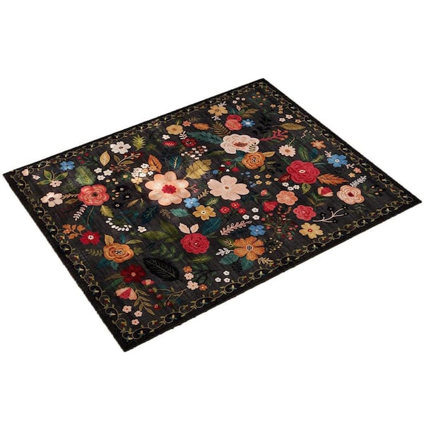2 ft. x 3 ft. Black Washable Boho Floral Small for Entryway Rubber Area Rug