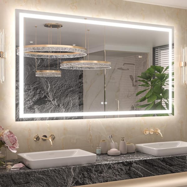 KeonJinn 60 in. W x 36 in. H Rectangular Frameless with Frontlit & Backlit Anti-Fog LED Mirro Wall Mount Bathroom Vanity Mirror