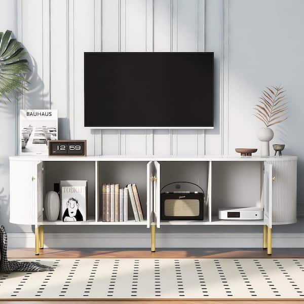 Polibi Modern White TV Stand Fits TV's Up to 80 in. with 4 Cabinets, Metal Legs and Handles