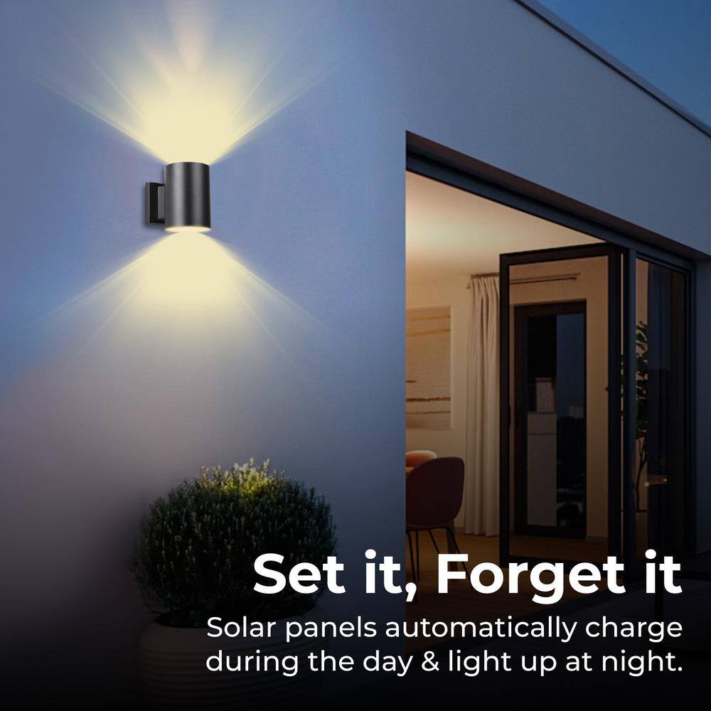 Black Aluminum Cylinder Solar Powered Outdoor Wall Sconce