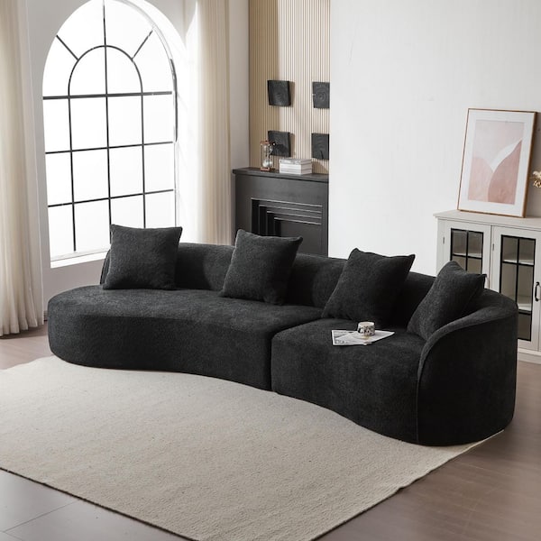 126 in. 2-Piece Fabric Curved Sectional Sofa in. Black with 4-Pillows, D28 Full Foam