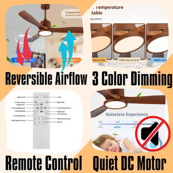 Farmhouse Series 52 in. Smart Brown Wood Low Profile 3-Blade Ceiling Fan with Warm Light LED with Remote Downrod Mount