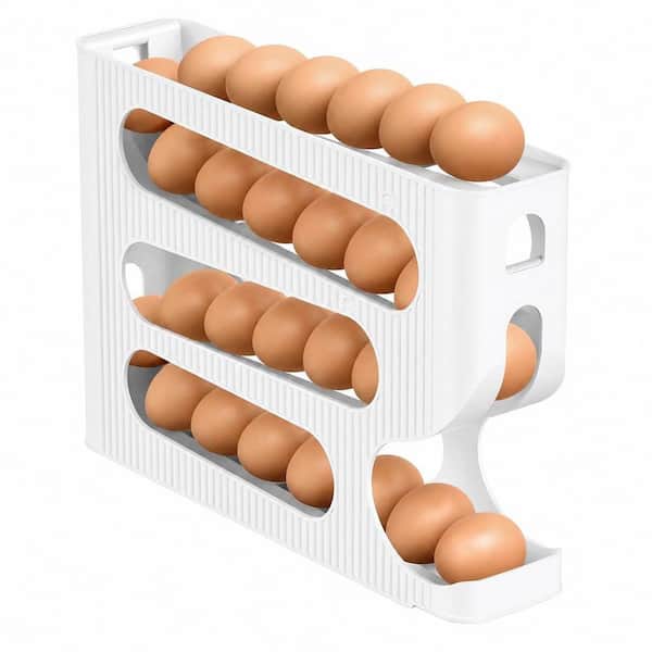 12.8 in. x 3 in. White Plastic 28-Egg FIFO Rolling Fridge Organizer with Gravity-Fed Track for Countertop Storage