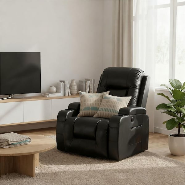 Black Power Lift Recliner Chair with 8-Point Vibration Massage and Lumbar Heating, USB Charging Port, Cup Holders
