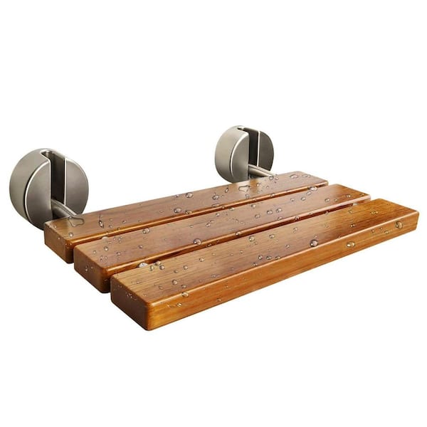 20 in. Teak Wood Folding Shower Seat Wall Mounted in Brown, 400 lb. Weight Capacity, Metal Brushed Cover, Anti-Pinch