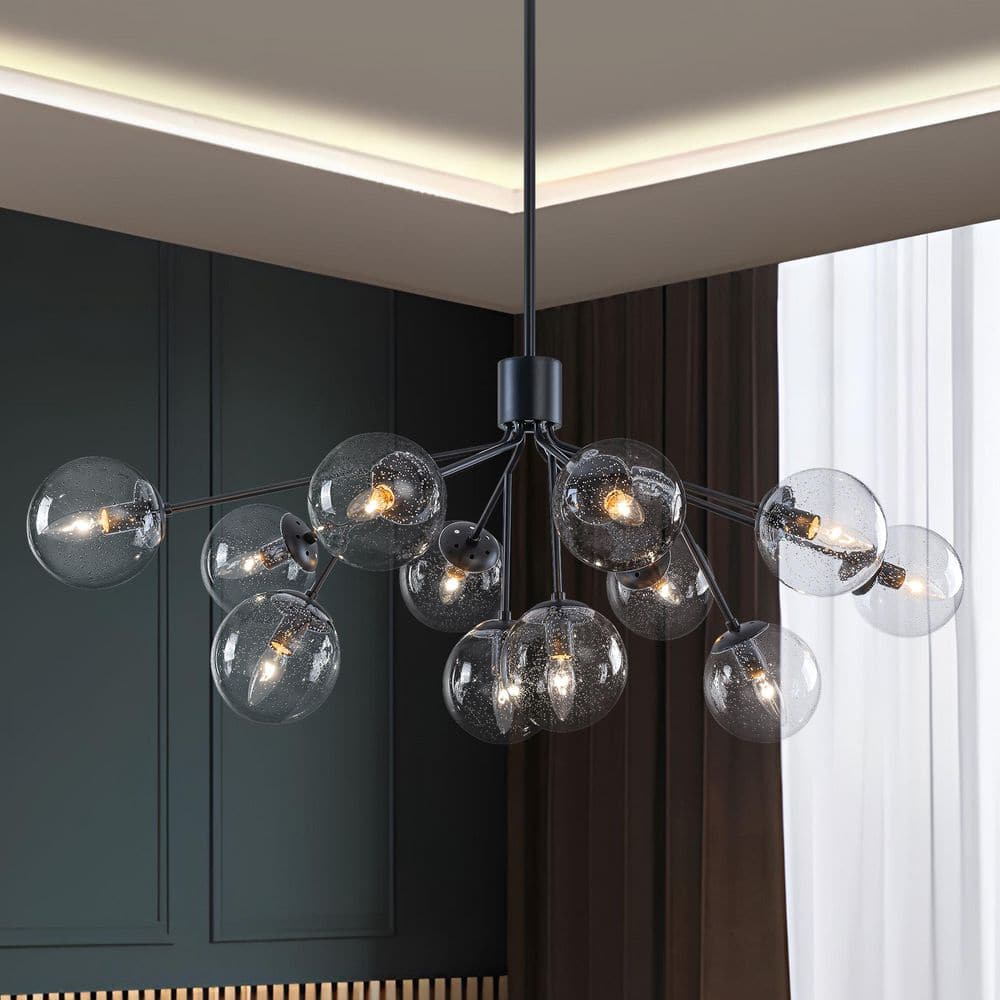 TinHon 12-Light Modern Black Sputnik Chandelier with Bubble Glass ...