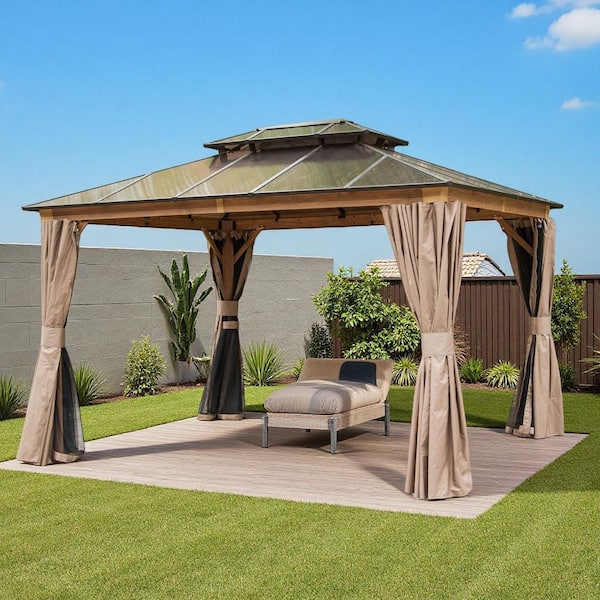 10 ft. x 12 ft. Hardtop Gazebo, Aluminum Permanent Outdoor Gazebo with Polycarbonate Double Roof, Curtain and Netting