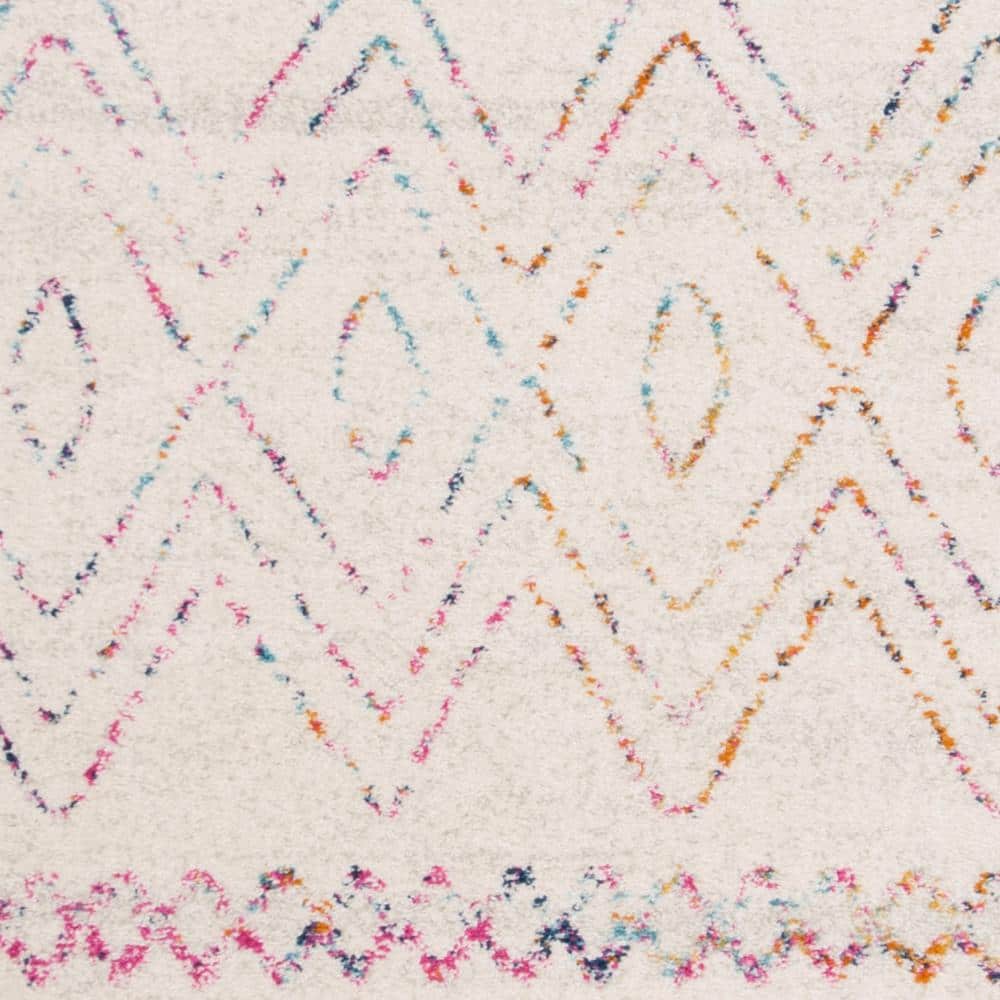 Ivory and Fuchsia Geometric Synthetic Square Area Rug