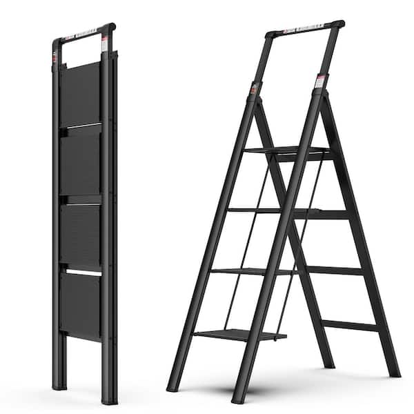 WRIGHTMASTER 4 Step Reach Retractable Handgrip Folding Step Stool with Wide Anti-Slip Pedals 300 lbs. Capacity Aluminum Safety Ladder