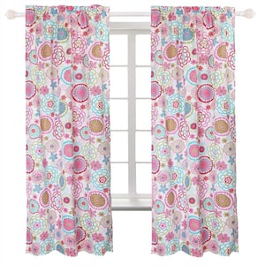Flower Power Floral Colorful Bloom Multi-Color Pink Blue Green Orange Polyester Long Window Curtain Panel 84"