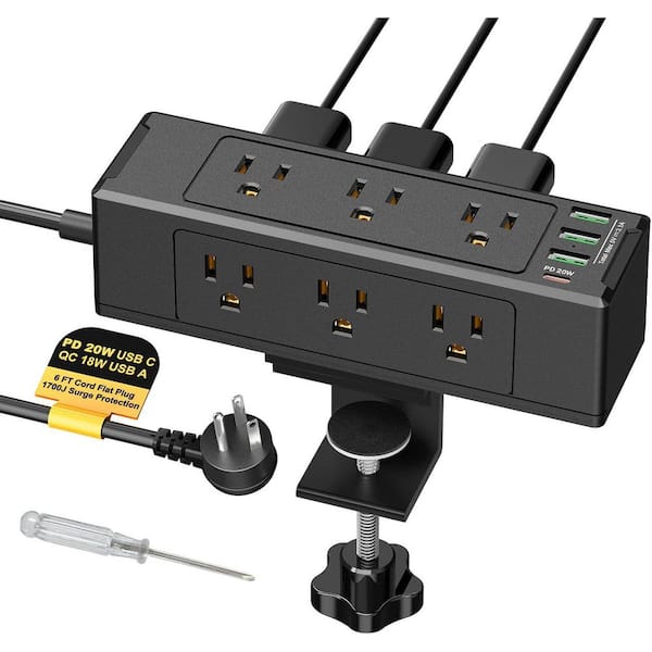 phyfalip 9-Outlet Desk Clamp Power Strip Surge Protector with 4 USB Ports, 6ft. Flat Plug, Desktop Edge Mount Charging Station