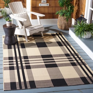 Courtyard Black/Bone 4 ft. x 4 ft. Square Plaid Indoor/Outdoor Area Rug