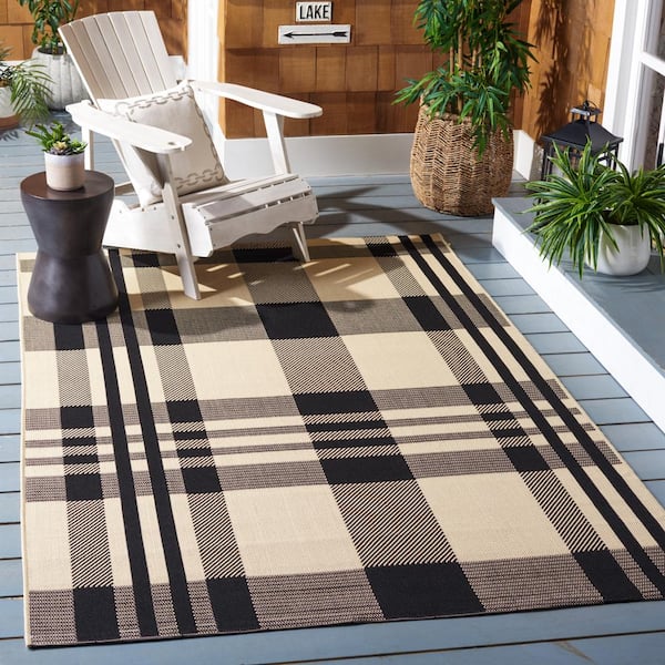 Courtyard Black/Bone 4 ft. x 4 ft. Square Plaid Indoor/Outdoor Area Rug