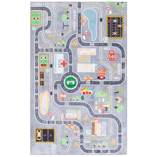 Santa Monica Kids 4 ft. x 6 ft. Light Gray/Gray City Roads Washable Area Rug