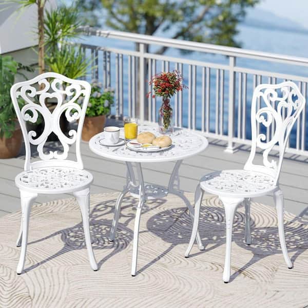 balcony patio set 3pc umbrella ULUYYUC 3-Piece Cast Aluminum Bistro with Hole, White Outdoor Furniture Set for Garden Porch, Durable Small Patio Table and Chairs Outdoor Furniture Conversation Set : Patio, Lawn which is ideal for both outdoor and indoor settings Garvee 3 Piece Rust Resistant