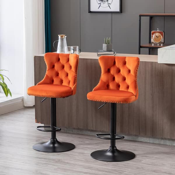 Clihome Modern Orange Metal Adjusatble Seat Height from 25-33 in. Swivel Velvet Barstools Set of 2