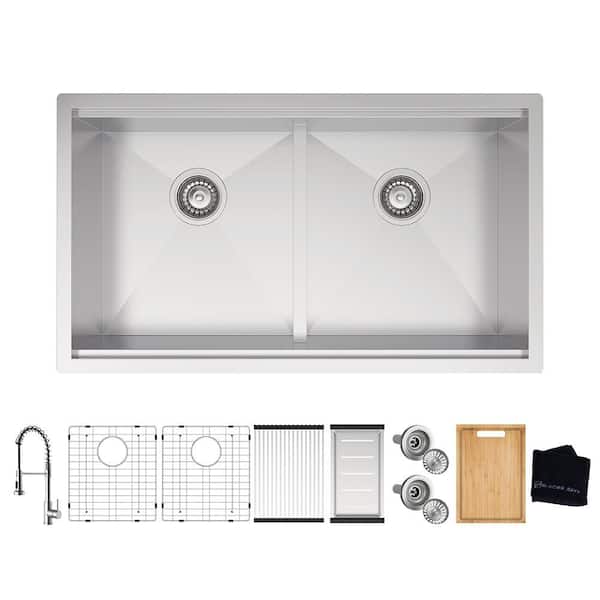 Zero Radius 33 in. Undermount 50/50 Double Bowl 18 Gauge Stainless Steel Workstation Kitchen Sink w/ Spring Neck Faucet