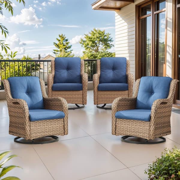4-Piece Set Outdoor Swivel Yellow Wicker Outdoor Rocking Chair with CushionGuard Blue Cushions