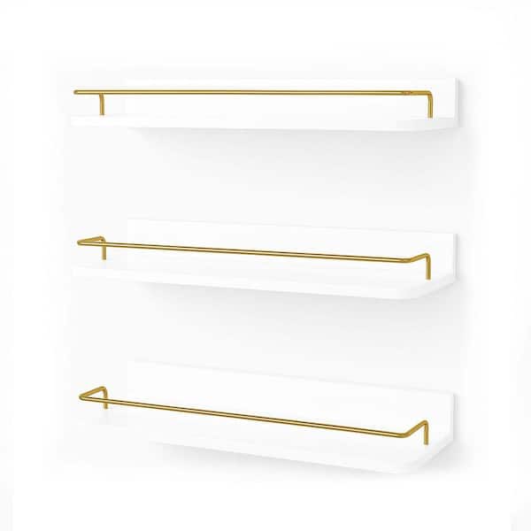 17 in. W x 6 in. D x 2.2 in. H White and Gold Floating Shelves Set of 3 Wall Mounted w/ Guard Rail Bathroom Living Room