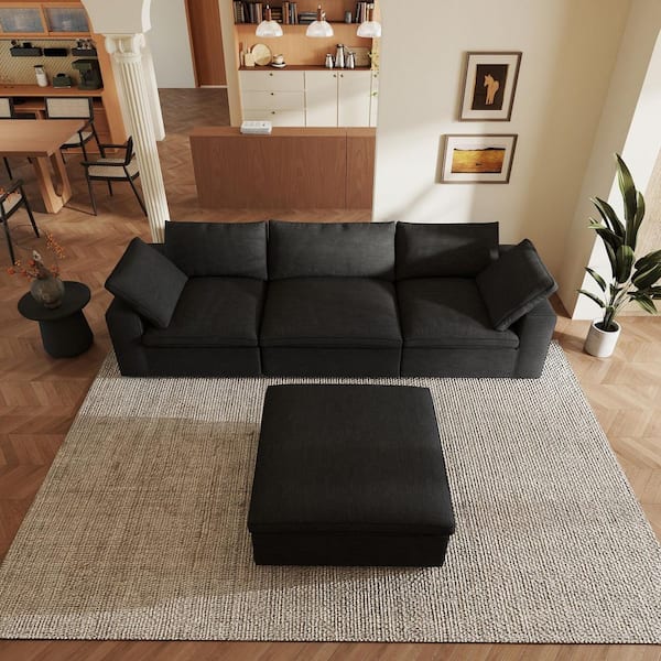 Convertible L Shape 118 in. Square Arm Linen 3-Seater Modular Tuxedo Sofa Cloud Couch in Black with Storage Ottoman