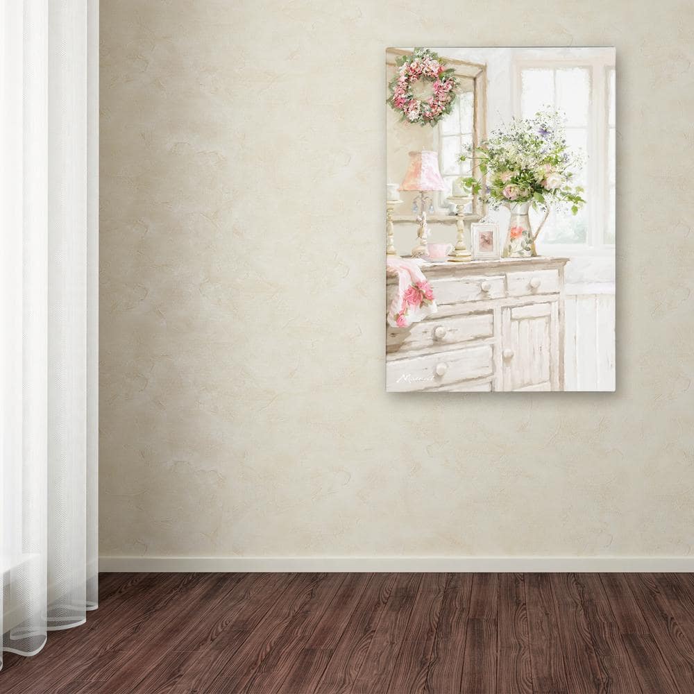 Shabby Chic Floral Decor on Canvas in Light Beige and Pink