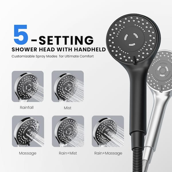 1-Piece Bath Hardware Set with Wide Rain and 5-Mode Handheld Shower Head Combo with Extension Arm in Matte Black