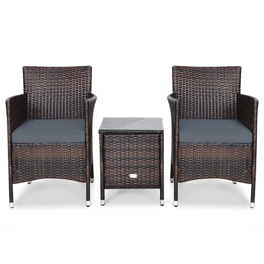 Outdoor 3-Pieces Wicker Patio Conversation Set With Gray Cushions